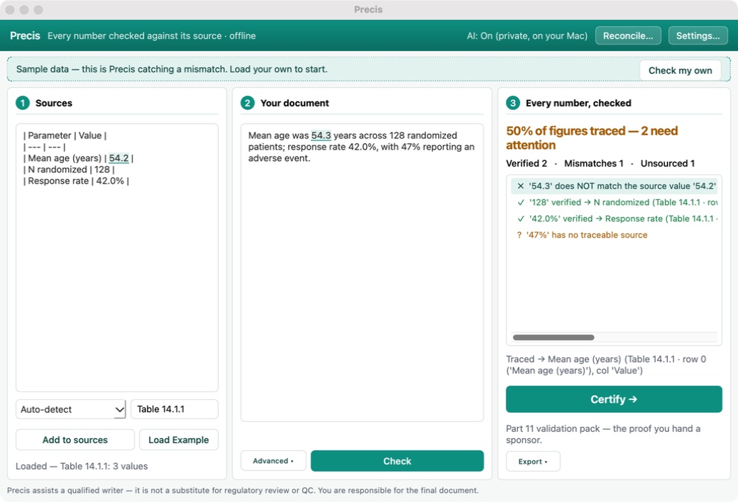 Precis interface checking draft figures against a source table and flagging a mismatch